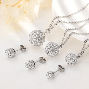Detailed set of silver titanium steel necklace and ball stud earrings with white crystals