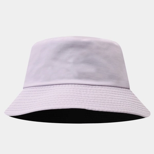 Detail of light purple reversible bucket hat with reinforced stitched brim and black lining