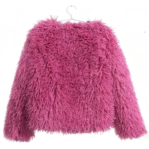 Detailed view of the rose pink faux fur coat with a soft long-pile plush texture