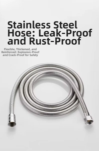 Close-up of flexible stainless steel encrypted shower hose with chrome finish