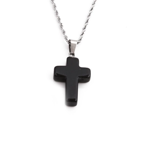 Polished black obsidian cross pendant with a silver twisted rope chain for men and women