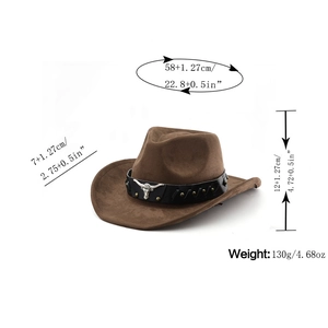 Detailed size specifications for brown suede cowboy hat with bull head emblem and metal rivets