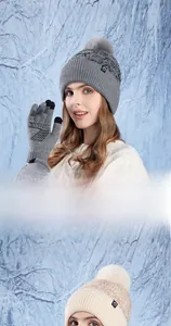 Winter set with pom-pom knit hat and touch screen gloves in snowy outdoor scene