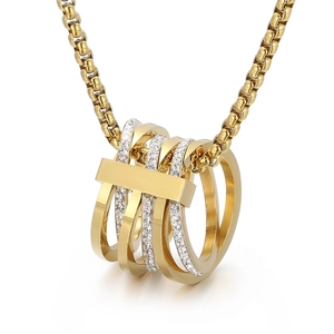 Interlocking Multi Ring T Design Pendant Necklace Stainless Steel Rhinestone Hip Hop Fashion Jewelry For Men And Women