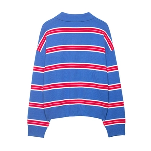 Detail of navy blue striped knit polo shirt showing ribbed cuffs and drop shoulder back