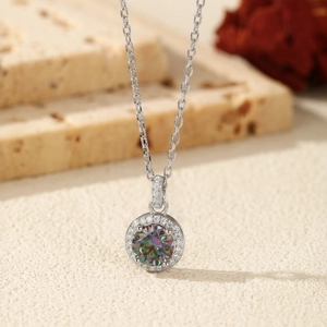 Classic S925 sterling silver necklace with colorful 1-carat moissanite halo pendant