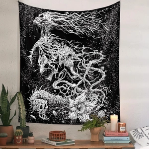 Bohemian gothic skull tapestry with floral patterns for dark academia room wall decor