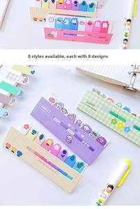 Close-up of cute cartoon index stickers in pastel colors with various floral patterns