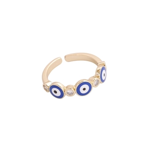 Adjustable golden Evil Eye ring with blue enamel and micro-set zircon stones