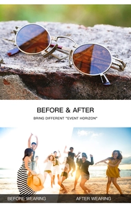Detail of vintage oval sunglasses with brown lenses on stone surface and beach comparison