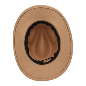 Detail view of camel felt hat interior with size 57 label and 100% polyester material