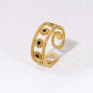 Hollow Daisy Flower Adjustable Ring Stainless Steel 18K Gold Plated Enamel Minimalist Floral Jewelry For Women