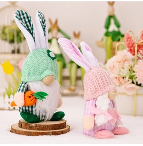 Detailed view of plush Easter gnomes with rabbit ears in green plaid and pink stripes