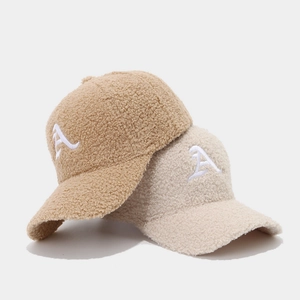 Thick plush baseball caps with A letter embroidery in khaki and beige colors