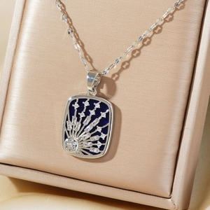 Silver necklace with rectangle deep blue pendant and fanned white zircon stones in gift box