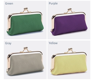 Collage of four small lychee leather coin purses in green, purple, gray, and yellow colors