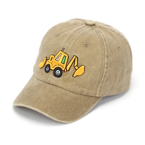 Close-up of khaki cotton baseball cap featuring embroidered yellow excavator for kids