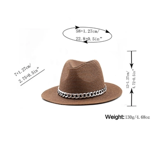 Detailed size chart for brown woven straw fedora hat showing crown height and brim width