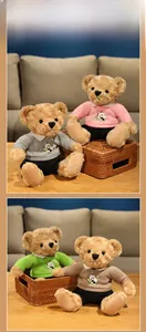 Close-up of soft teddy bear plush toys wearing colorful panda hoodies on a wooden desk