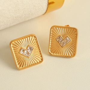 Square gold titanium steel earrings with heart-shaped zircon inlay for women