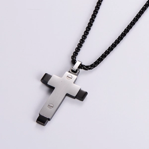 Men's two-tone cross pendant necklace in silver and black stainless steel finish