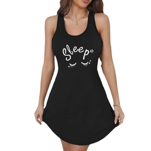 Comfortable black sleeveless sleepwear dress with Sleep text and eyelash graphics