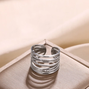 Macro detail of silver multi-layer open ring featuring polished and frosted metal finishes