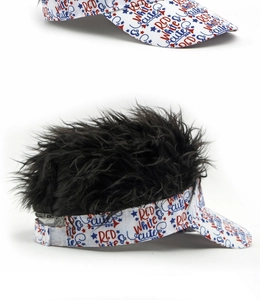 Detail of creative visor hat featuring black faux wig hair and Red White & Cute printed text