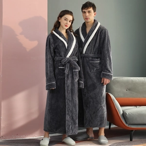 Flannel Bathrobe Long Thick Soft Warm Shawl Collar Contrast Piping Sleepwear Housecoat For Men Women Couples