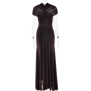 Detail of ruched back and off-shoulder design on a long deep-colored evening gown