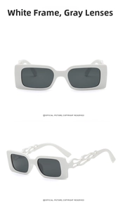 Detail of white rectangular sunglasses with unique hollowed-out flame temple design