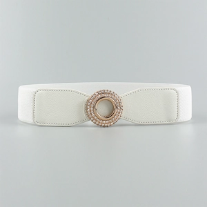 White elastic waist belt featuring a round metal buckle with shimmering rhinestones and PU leather