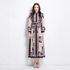 Vintage Baroque Print Maxi Dress Polyester Stand Collar Long Sleeve Button Down Belted A-Line Elegant Commuter For Women
