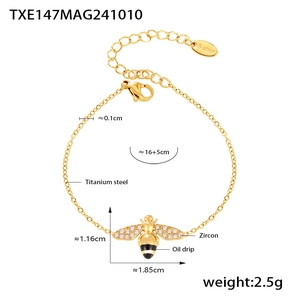 Detailed specs of gold bee titanium steel bracelet with cubic zirconia and measurements