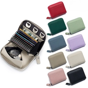 Detailed interior and color options of an RFID leather coin purse with multiple card slots