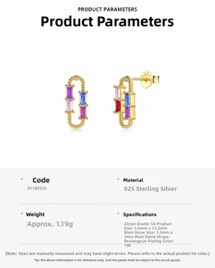 Detail view showing 925 sterling silver paperclip earrings with colorful zircon stones