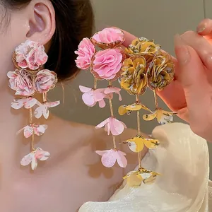 Elegant floral chiffon tassel earrings in pink and yellow for beach vacations