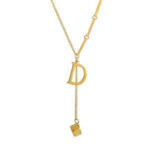 Elegant gold Y-shaped necklace with letter D pendant and minimalist square detail