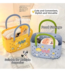 Dual-handle plastic storage baskets with hollow patterns and 3D cartoon DIY charms