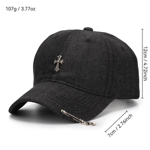 Retro denim baseball cap in black with silver metal cross accents and stylish pin detail