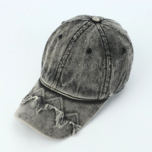 Frayed brim washed denim baseball cap in dark grey vintage street style for men and women