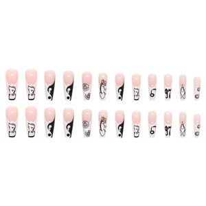 French black and white long coffin press-on nails with 24pcs flower and yin-yang designs