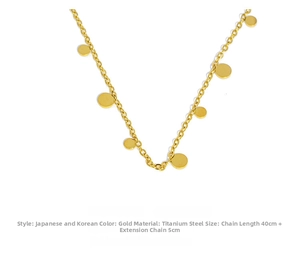 Detailed view of titanium steel choker with golden discs and adjustable chain length