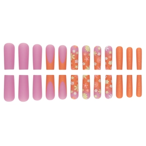 24pcs matte orange French press-on nails with daisy patterns and glitter accents
