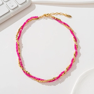 Double-layered beaded necklace with pink natural stones and golden metal cubes for women