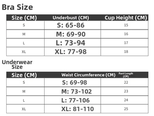 Detailed size guide table for lace lingerie set with measurements in centimeters