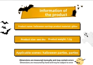 Detailed specifications for Halloween glitter earrings showing size, weight, and materials