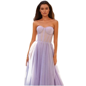 Lavender corset tulle evening gown featuring a strapless sweetheart neckline and tiered skirt