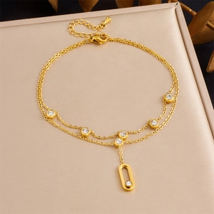 Double-layered gold-plated stainless steel anklet with cubic zirconia and oval pendant