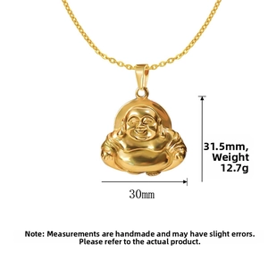 Detailed 24K gold plated Laughing Buddha pendant showing dimensions 31.5mm by 30mm